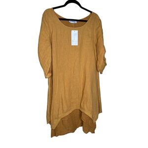 NWT EllaModa mustard yellow linen dress cottage core lagenlook boho midi